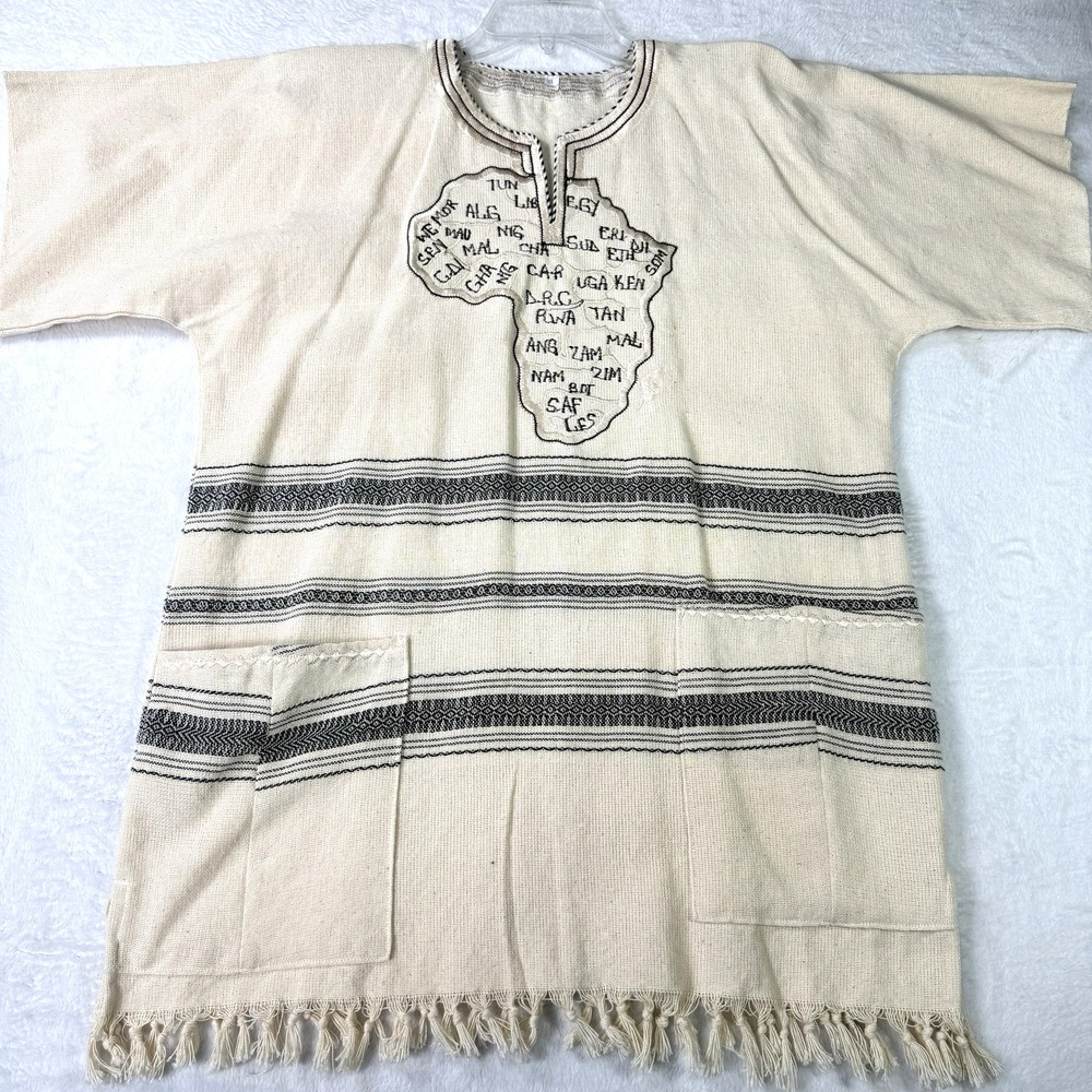 African Tunic Shirt Mens Womens Small Cotton Weave Fringe Africa Hand Woven